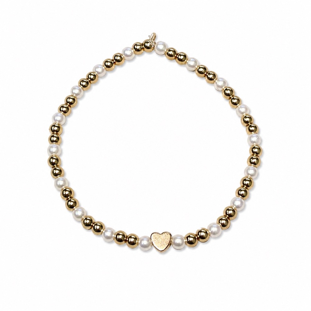 Gold Beaded Bracelet with faux Pearl and Heart